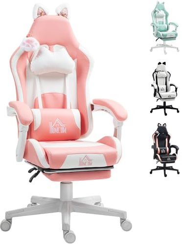 HOMCOM Silla Gaming con Orejas Reclinable 135° Altura Ajustable Rosa | Silla Gamer Racing de Cuero PU, Altura Ajustable, Orejas Conejo, Reposacabezas, Reposapiés Retráctil, Oficina/Estudio