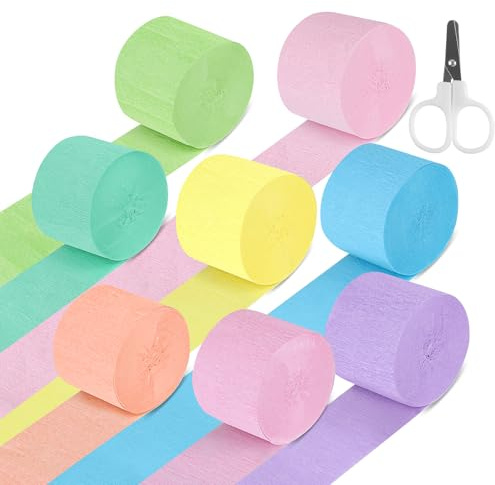8 Rotoli Carta Crespa Colorata, 8 Colori Nastro Carta Crespata 4.5cm x 25m con 1 Paio di Forbici Piccole per Matrimoni, Compleanni, Feste