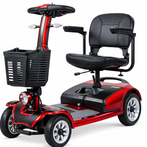 Scooter de Movilidad Eléctrico Plegable de 4 Ruedas para Personas Mayores y Movilidad Reducida, hasta 35 km Autonomía, Asiento Giratorio 360°, Estable y Seguro – ALIFERO (Rojo)