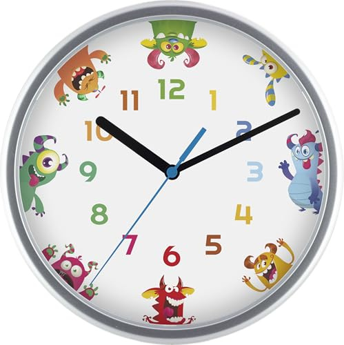Eurotime 82330-07-KinderQuarzwanduhr mit schleichender Sekunde, Motiv-Zifferblatt Monster, 24 cm Durchmesser