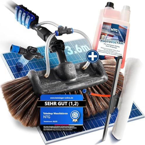 NTG Balai télescopique de nettoyage 3,6 m 3-en-1 | incl. nettoyant | Tête de brosse à poils extra doux | Chiffon en microfibre & raclette + connexion d’eau | Ensemble de nettoyage pour véranda et