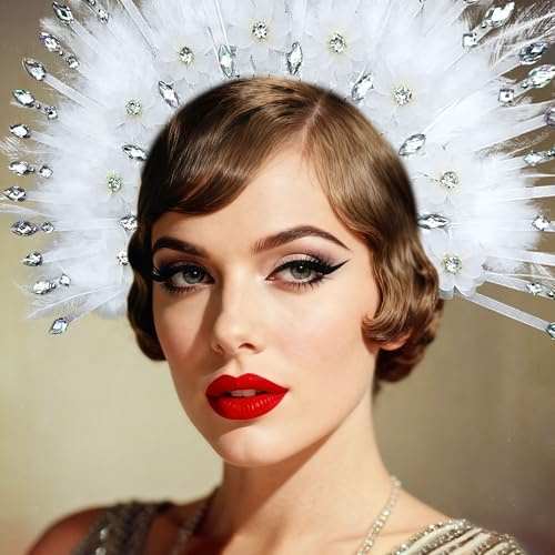 BACH AND BOOZY Weiße Feder Kopfbedeckung 1920er Jahre Karneval Zubehör Kopfschmuck Mardi Gras Rave Festival für Frauen Flapper Kostümzubehör