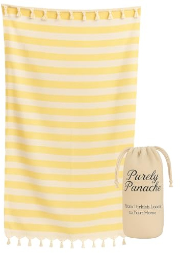 Purely Panache Oversized Turkish Cotton Hammam Peshtemal 100x180cm – Quick Dry Lightweight Travel Towel with Carry Bag (Yellow - White Stripe) — sand free