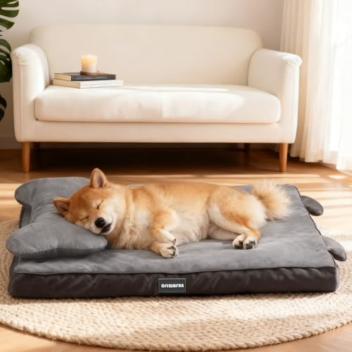 Cama ortopédica para perros con funda lavable, cojín impermeable para perros con espuma viscoelástica y almohada extraíble para apoyo de cabeza y articulaciones, parte inferior antideslizante, cama