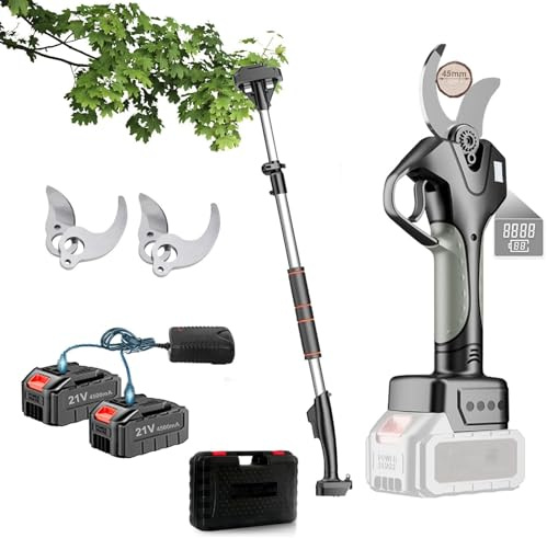 Tijeras de podar eléctricas con pértiga extensible, inalámbricas, diámetro de corte de 4,5 cm, for ramas de árboles y jardines, 2 baterías
