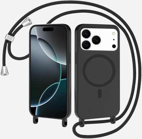 SLWYF Magnetische Handykette für iPhone 17 Pro Hülle mit Band, Handyhülle Kompatibel mit MagSafe, Silikon Seil Necklace Handyhülle PU Stoßfest mit Abnehmbar Kordel zum Umhängen Case - Schwarz
