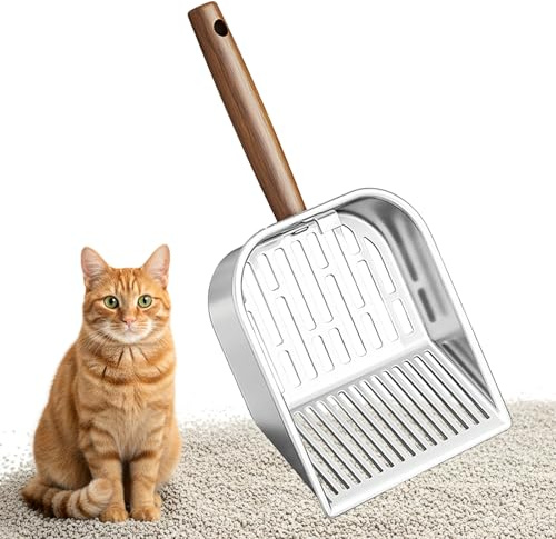 Hwtcjx Paletta Lettiera Gatto, Paletta per Lettiera per Gatti in Metallo, Pala per Setaccio, Spaziatura Fori 7 mm 3mm, Pala per Gatti con Manico in Legno per Klumpstreu