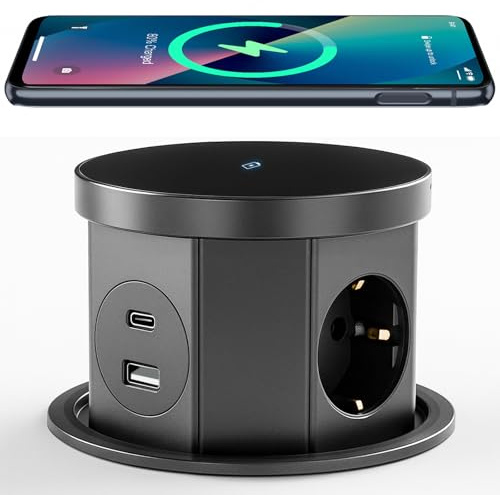 3 Fach Versenkbare Steckdose, mit 15W Kabellosem Ladegerät, 1 USB C, 1 USB-A, Versenkbare Steckdose Küche, 1,5M Kabel, für Büro, Küche, Schlafzimmer, D 120MM