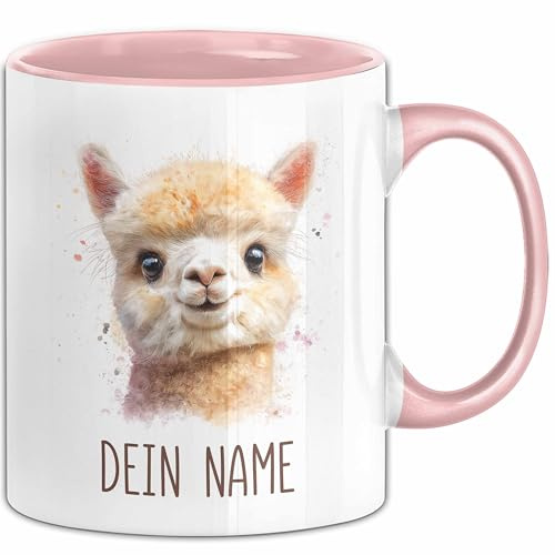 Alpaka Tasse mit Namen – Personalisierte Kaffeebecher Geschenkidee süßes Motiv Lustiger Becher mit Namen (Rosa)