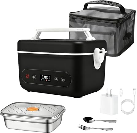 Gamelle Chauffante, Lunch Box Chauffante 1,2L avec 12000mAh Batterie, Maintenir au chaud, Chauffer, Programmer, Fonction de charge, Acier Inoxydable, Boite Chauffante Repas pour Voyage et Bureau (A)
