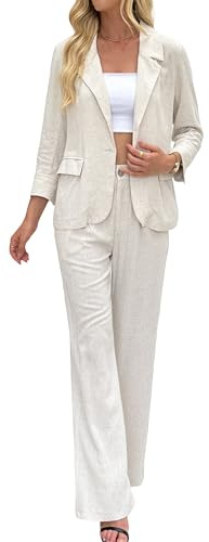 Set di 2 pezzi da donna in lino, con giacche Blazer, set di tailleur, pantaloni a gamba larga, abbigliamento business casual da lavoro, Lino naturale., XL