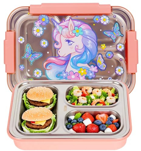 PinkSheep Stainless Steel Bento Lunch Box for Kids, 710 ml BPA-Free Leak-Proof Children Food Containers with 3 Compartments, Back to School Students Daycare Lunches Snack Container (Unicorn-A)