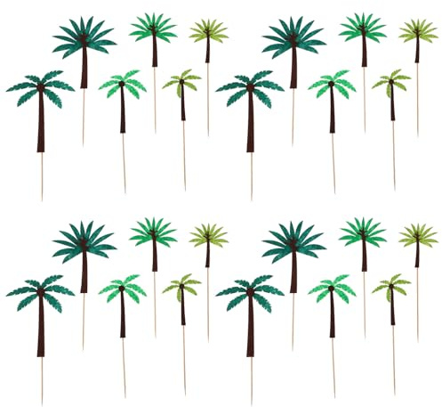 Veemoon 24pcs Hawaiian Party Cake Topper Set with Felt Palm Trees and Coconut Trees Tropical Fruit Adornment for Festival Cake Decorations Summer Birthday Props