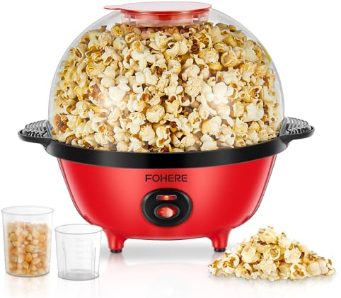 FOHERE 4,5L Palomitero, 700W Maquina Palomitas Incluye 2 Tazas Medidoras de Granos de Maíz, Azúcar y Aceite, Agitación Automática Electrico Palomitera para las Vacaciones y las Noches de Cine, Rojo