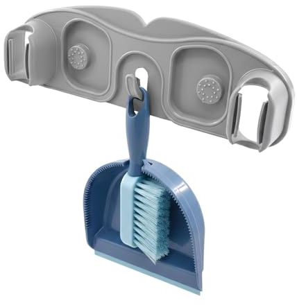 GEEZY Wall Mounted Broom Holder for Mops, Brushes & Cleaning Tools - Holds 3 Items with 2 Slots & 1 Hook, Self Adhesive or Screw Fix - Space Saving Organizer for Kitchen, Utility Room, Garage