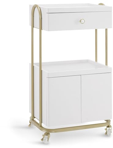 M MCombo Carro de Servicio con Ruedas y cajón, Carro de peluquería Blanco-Dorado, Carro de salón con 2 estantes y Armario, Carro de Trabajo Moderno para Cuarto de baño salón, 0086
