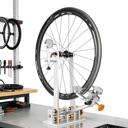 Professionellt Hjulriktställ för Cykel, Verktyg för Fälgjustering i Aluminium med 3 Mätare, Justerbar Navbredd 55-200 mm, med 25 cm Stång & Eker nyckel för Hjul 16-29 Tum(Gold)
