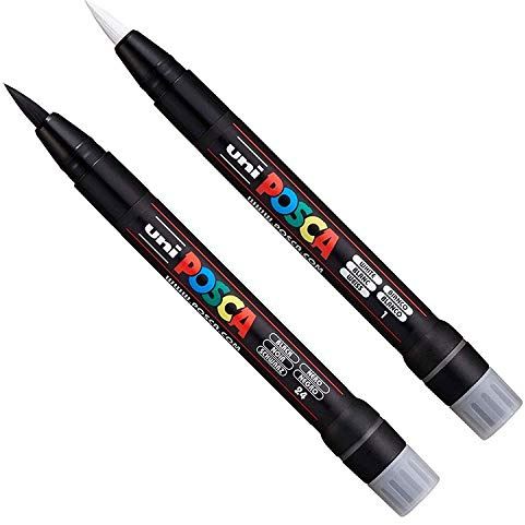 POSCA Uni PCF-350 Pinsel-Marker – Stift für Stoff, Glas, Metall – Set schwarz und weiß (je 1 Stück)