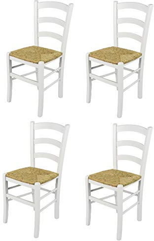 t m c s Tommychairs - Set 4 chaises Venezia pour Cuisine, Bar et Salle à Manger, Robuste Structure en Bois de hêtre laqué en Couleur Blanc et Assise en Paille
