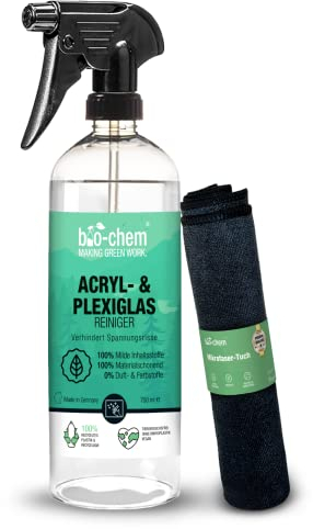 bio-chem Acryl- und Plexiglasreiniger - 750 ml + Mikrofasertuch - Glasreiniger für die materialschonende Reinigung von Fenstern aus Plexiglas und Acrylglas