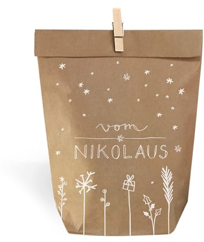 Eine der Guten Nikolaustüten Geschenktüten Set - vom Nikolaus, mit 24 gestempelten Kraftpapiertüten & Mini-Holzklämmerchen, Geschenkverpackung für Plätzchen, Kekse, Nikolausgeschenke, 14 x 22 cm
