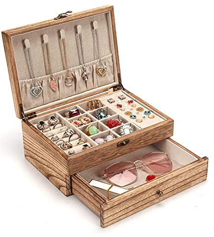 Pinzoveco Joyero para mujeres y niñas, organizador de joyas de madera rústica para almacenamiento de pendientes, anillos, collares, pulseras, joyas estilo granja (color madera antorchada)