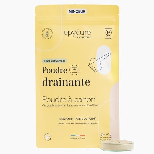 EPYCURE - Poudre Drainante - Détox, Contrôle du Poids, Coupe-Faim Naturel - 100% Naturel - Guarana, Maté Vert, Spiruline - 1 Mois - Sans Lactose, Sans Gluten - Fabriqué en France
