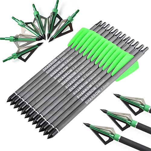 AMEYXGS Bogenschießen Armbrustbolzen 7,5 15 Carbon Armbrustpfeile mit 2 Feder Moon Nocken und abnehmbaren Spitzen für das Schießen 12/24 Pack (24pcs, Grün Pfeil-7,5 + Broadhead)