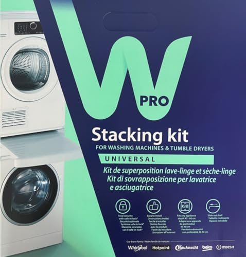 Recamania Kit de Unión Universal Wpro para Torre Lavadora y Secadora 60x60cm – Soporte Apilable con Estante Deslizante Incorporado – Incluye Correa de Seguridad Safe-in-Lock