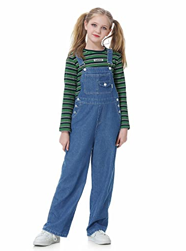 Rolanko Girls Jeans Bib Overalls, Baggy Denim Dungarees Jumpsuit for Big Kids, Blue Button, Tag Size:160