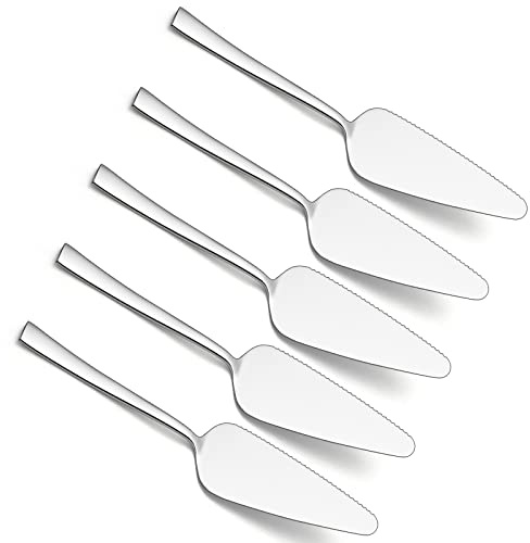 Pie Server Set of 5, E-far 8.9 Inch Stainless Steel Cake Server Cutter for Pastry Cheese Pizza, Serrated Edge with Square Handle, Mirror Polished & Dishwasher Safe