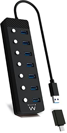 Ewent EW1147 Hub USB 3.2 Gen1, Concentrador USB, USB Splitter, 7 Puertos con interruptores Encendido/Apagado Individuales y Indicadores LED, con Cable de 1,2m, con Alimentación Adaptador 5V/3A, Negro
