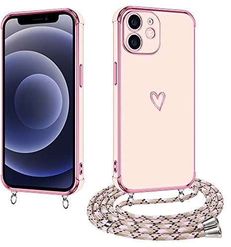 E-Lush Handyhülle für iPhone 12 Hülle mit Band, Herz Love Muster Galvanik Silikon Handy Hülle für iPhone 12 6.1 Zoll Schutzhülle mit Kordel zum Umhängen Kameraschutz Stoßfeste Case, Roségold