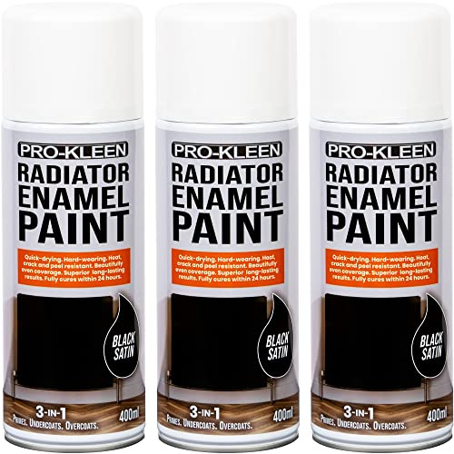 Pro-Kleen Radiator Enamel Spray Paint Black Satin 3 x 400ml - Heat Resistant up to 100ºC - For Radiators, Hot Pipes, Water Tanks & More - Fast Drying & No Primer Needed