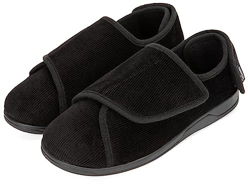 HomeTop Men's Wide Fit Corduroy Slippers, Adjustable Hook & Loop with Memory Foam for Indoor Comfort Black, 9 UK