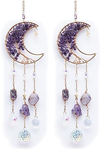 YLWX Améthyste Naturelle Pierre Concassée Lune Attrape-Soleil Carillon Éolien Lumière Charme Décoration De La Maison Cadeau Attrape Soleil