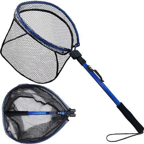 LBW Collapsible Rubber Fishing Net with Handle, Folding Kayak Net for Freshwater or Saltwater, Compact Landing Net for Catfish, Bass, Trout