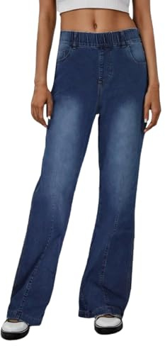 Outdoorhose Dunkelblau Jeans Für Damen Weite Mit Hoher Taille Weitem Bein Hose Weites Winter Taschen elastische Knopfhose Lockere Frauen Hochhosenhose High Waist Jeanshosen Jeanshose (Blue, L)