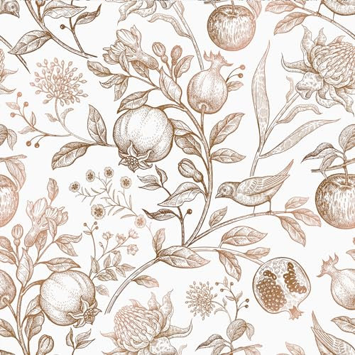 VEELIKE Papier Peint Fleur Beige Blanc Vintage Papier Peint Feuilles Tropical Fruits Mural Papiers Peints Motifs Adhésif pour Meuble Chambre Armoire Stickers Meubles Deco Salon 44,5 cm x 300 cm