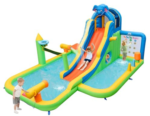 RELAX4LIFE Castillo Hinchable para Niños, Piscina Hinchable con Trampolín, Tobogán con Trepadera y Paso Inferior, Plegable para Exterior (Modelo 12)