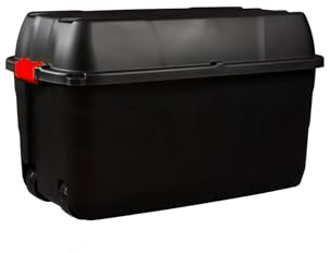 Strata Heavy Duty Large Storage Box with Lid, 175L, Lockable, Indoor/Outdoor, Wheeled, Black with Red Handles