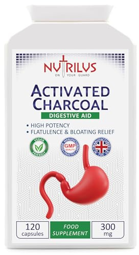 Nutrilus Activated Charcoal 120 Capsules 300mg – No Binders & Fillers | High Potency – Steam-Activated – Digestive Aid & Flatulence Relief – Vegan - UK Made Supplement