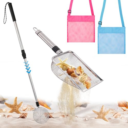 Biggun 2 Pack Shark Tooth Sifter with Seashell Bags, 21.8in~34in Adjustable Sand Sifter & Beach Shovel, Beach Sand Toys for Kids Adults Picking Up Shells Girls Boys Gifts