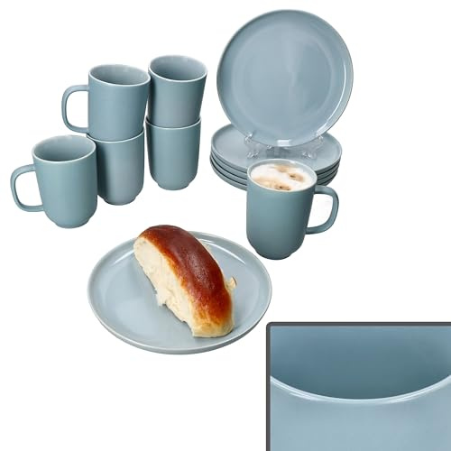 Ritzenhoff & Breker Jasper 12tlg Frühstücksset Graublau I Je 6x kleine Teller & Kaffeebecher 250ml, Höhe 10,4cm für 6 Personen I Tasse, Kuchenteller I Steingut-Geschirr für Frühstücks- & Kaffeezeit