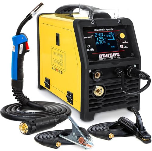 MIG 209 ALU LCD - Synergisches 3 in 1 MIG MAG Schweißgerät - Schutzgas und Fülldraht für: Aluminium, Schwarzstahl, Edelstahl, Lötschweißen - WIG und MMA - Set Solo