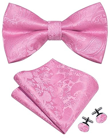 Gusleson Pink Bow Tie Pocket Square Set for Wedding Pre-Tied Light Pink Paisley Bowties Handkerchief Cufflinks for Men (UK0497-15)