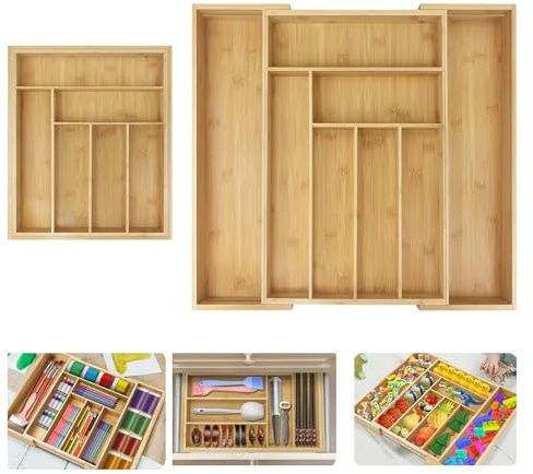 HSHa Bamboo Cutlery Tray Silverware, Expandable Drawer Organiser, 6-8 Compartment Utensil Holder for Kitchen Drawer, Extra Large Cutlery Drawer Dividers Organiser Kitchen 52cm x 43cm x 5cm