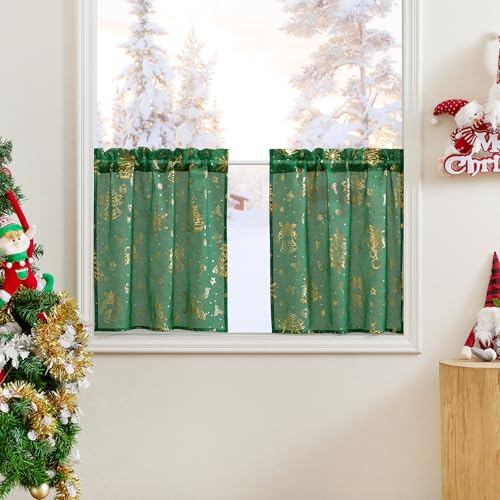 PONY DANCE Weihnachten Vorhang mit Stangedurchzug Scheibengardinen Küche Transparente Gardinen Kurz Scheibengardine Dunkelgrün Fenstergardinen 2er Set B 60 x H 60 cm