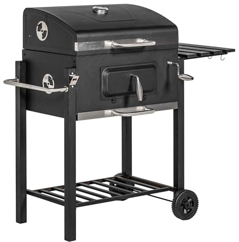 Charcoal BBQ Grill, Outdoor Portable Cooker for Camping or Backyard Picnic with Side Table, Bottom Storage Shelf, Wheels and Handle, Black