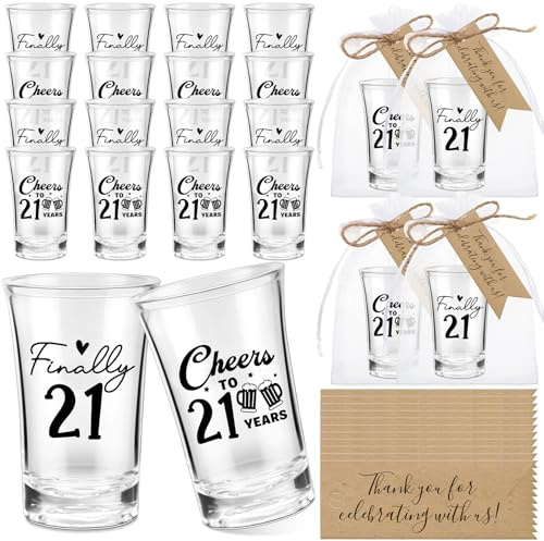 Kritkin 24 Sets 21st Birthday Party Favor for Guests Finally 21st Acrylic Clear Shot Glasses Cheers to 21 Years Shot Glasses with Thank You Tag Organza Bag Twine Twenty One Anniversary Party Supplies